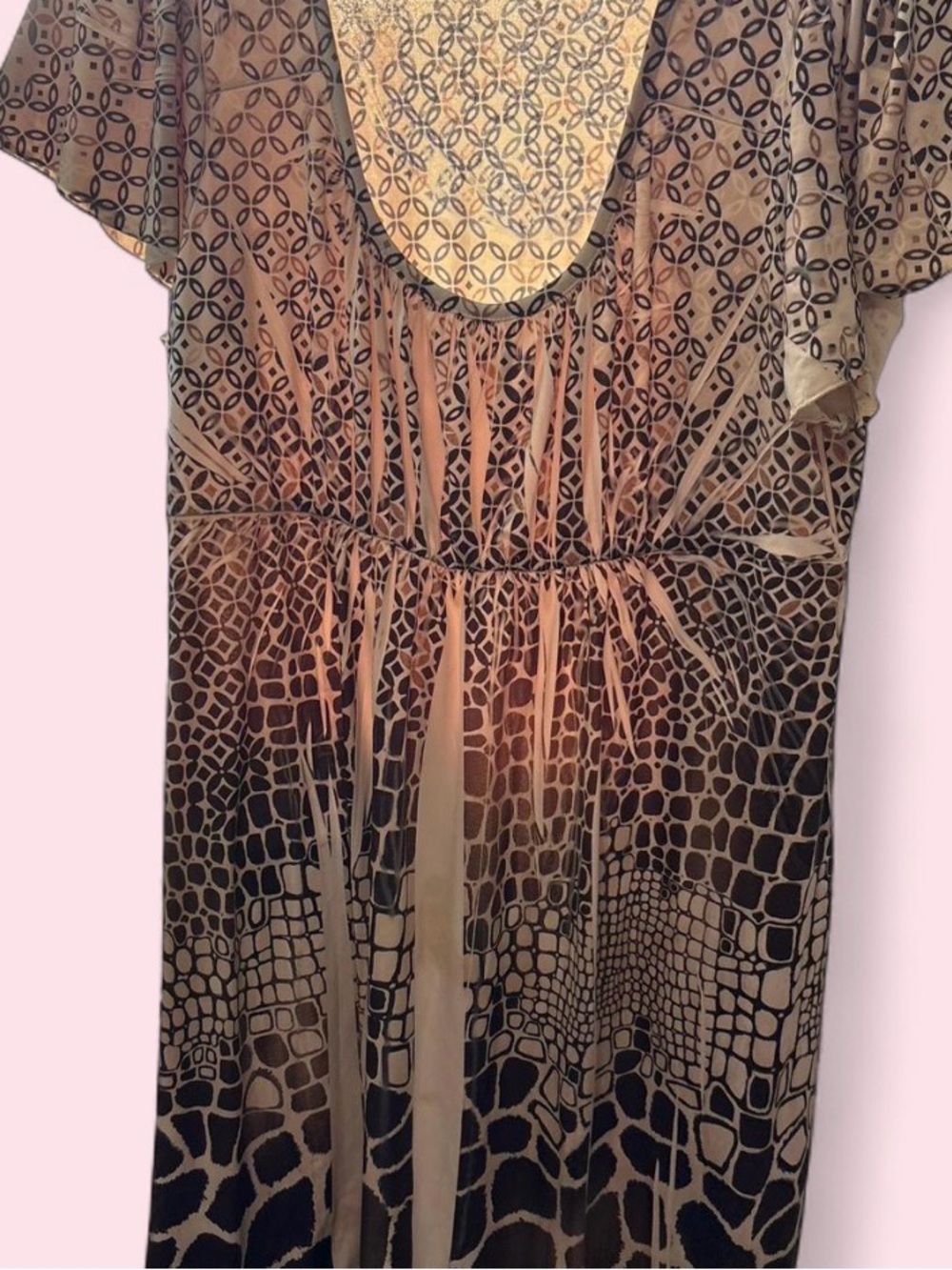 ONE WORLD Brown and Tan Patterned Short-Sleeve Dress